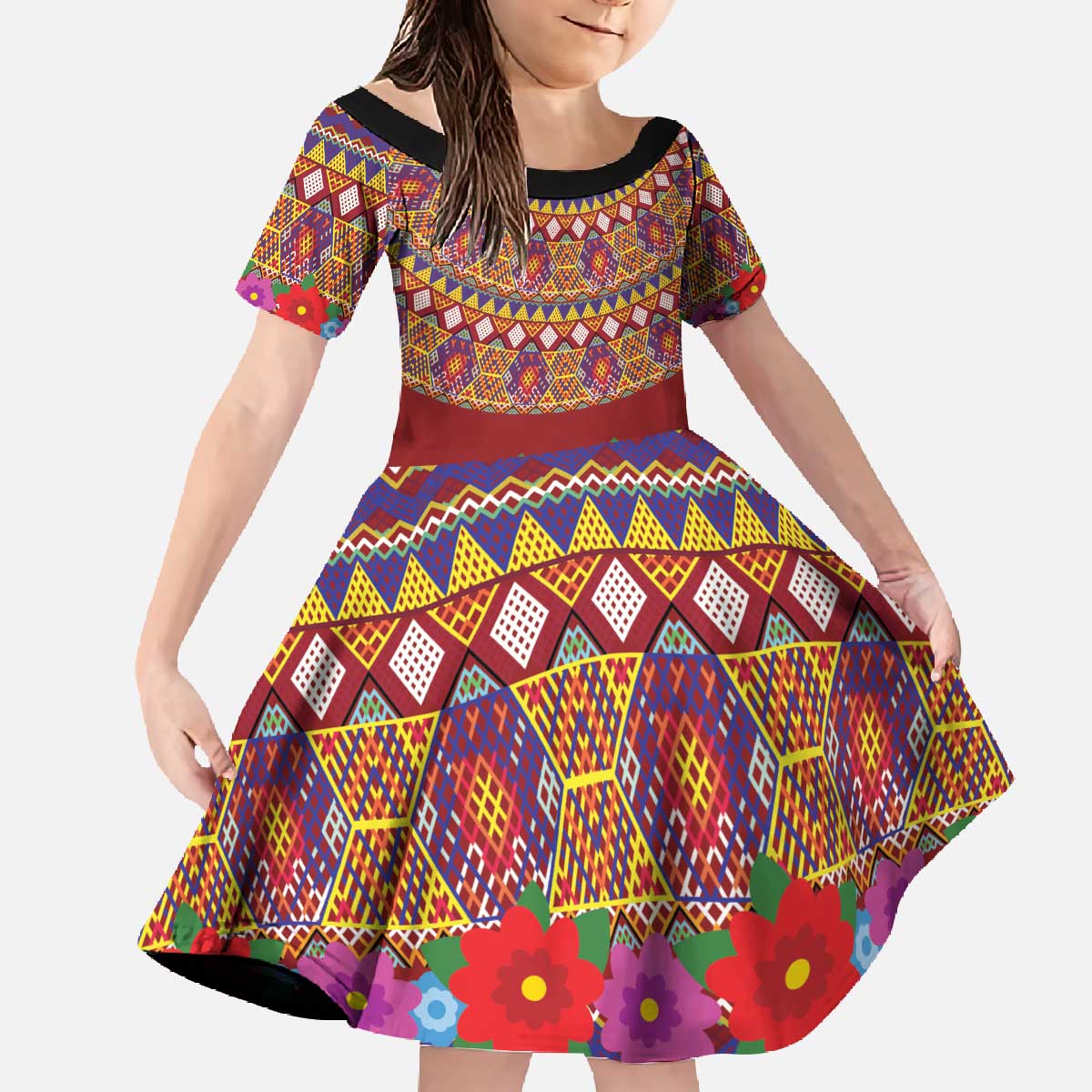 Greenland Costume Family Matching Off The Shoulder Long Sleeve Dress and Hawaiian Shirt Tradional Kalaallisuut Pattern
