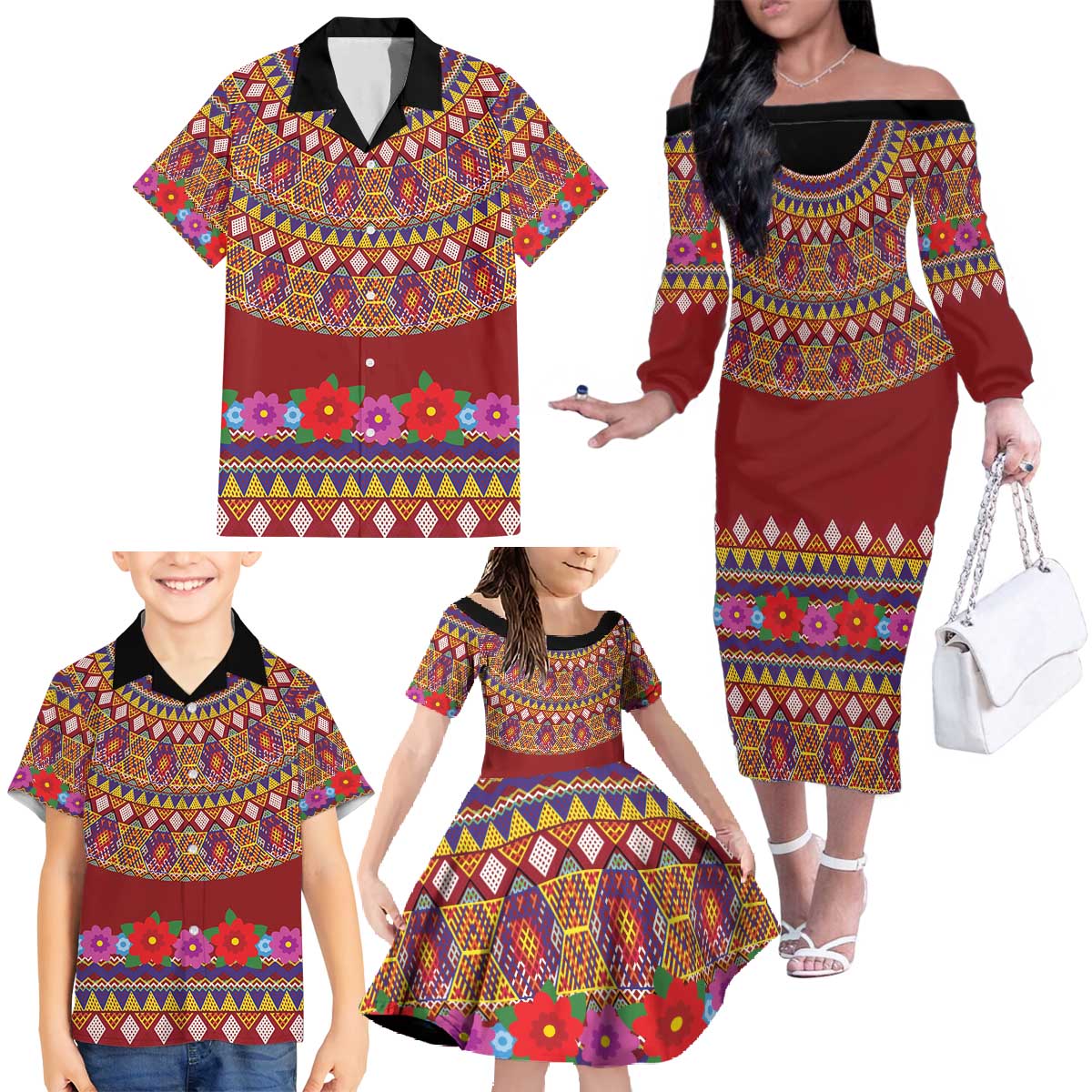 Greenland Costume Family Matching Off The Shoulder Long Sleeve Dress and Hawaiian Shirt Tradional Kalaallisuut Pattern