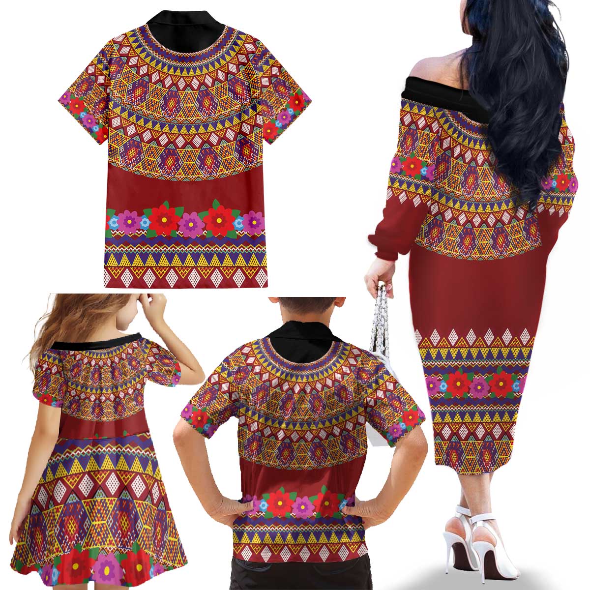 Greenland Costume Family Matching Off The Shoulder Long Sleeve Dress and Hawaiian Shirt Tradional Kalaallisuut Pattern