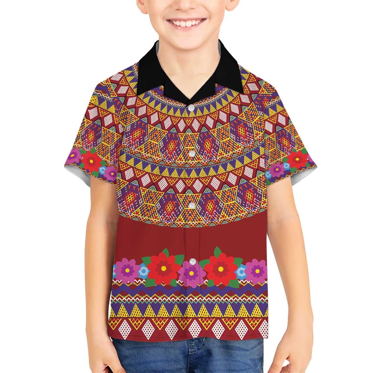 Greenland Costume Family Matching Off The Shoulder Long Sleeve Dress and Hawaiian Shirt Tradional Kalaallisuut Pattern