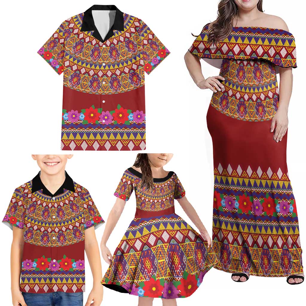 Greenland Costume Family Matching Off Shoulder Maxi Dress and Hawaiian Shirt Tradional Kalaallisuut Pattern