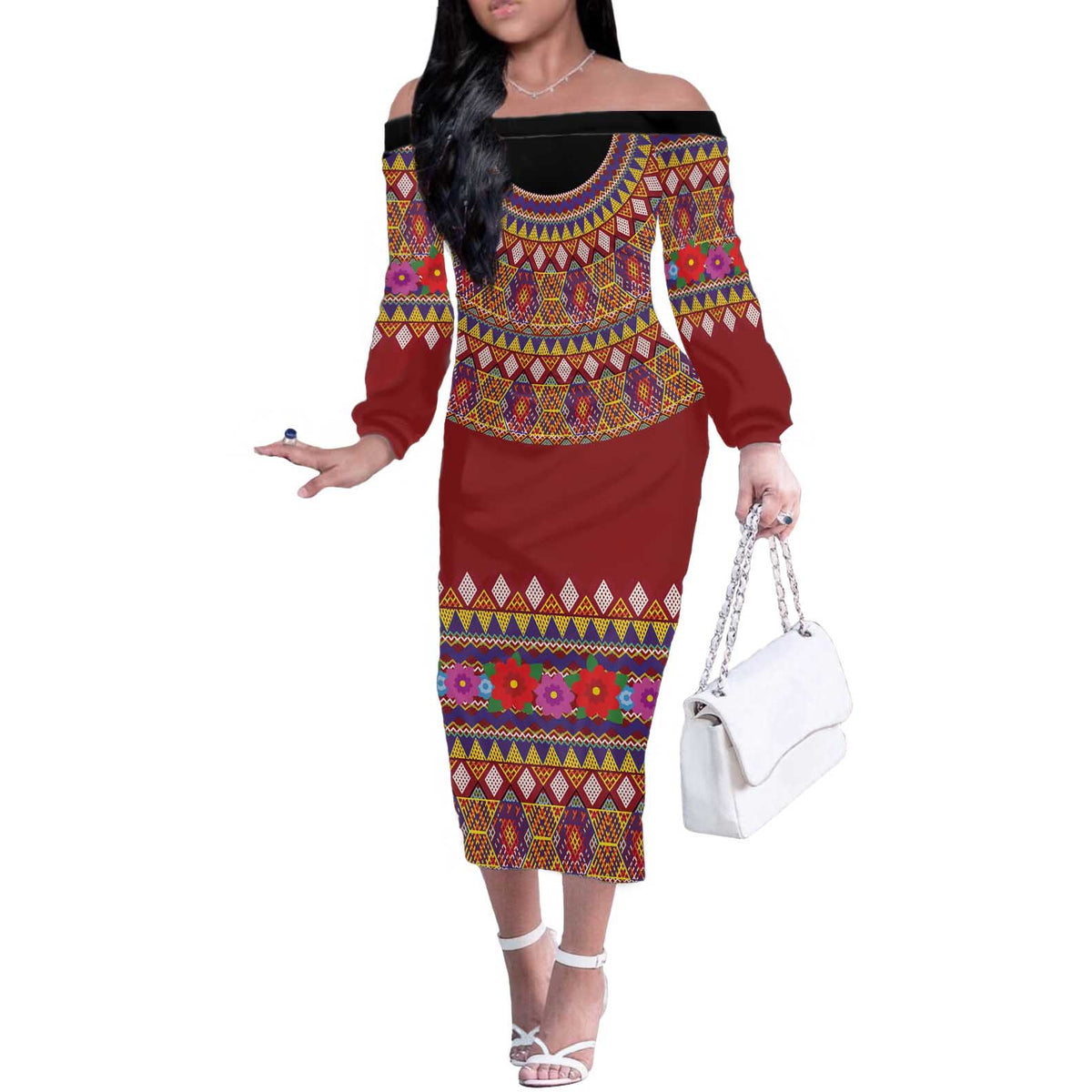 Greenland Costume Off The Shoulder Long Sleeve Dress Tradional Kalaallisuut Pattern