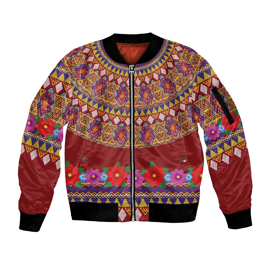 Greenland Costume Sleeve Zip Bomber Jacket Tradional Kalaallisuut Pattern
