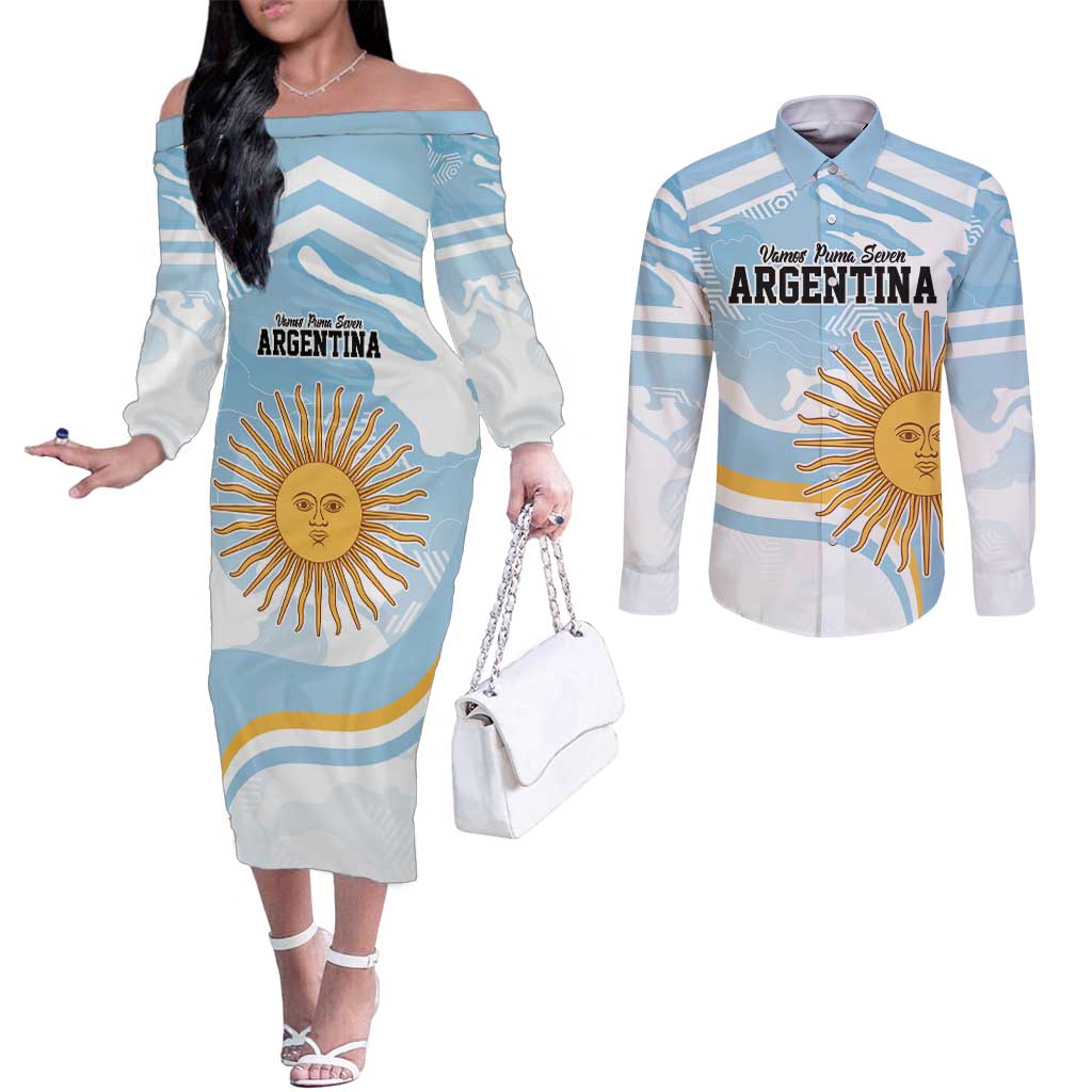 Custom Argentina Rugby Couples Matching Off The Shoulder Long Sleeve Dress and Long Sleeve Button Shirt Summer Paris 2024