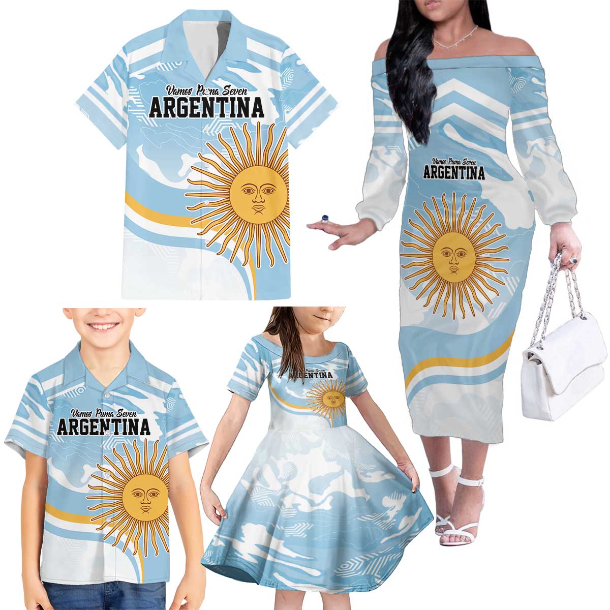Custom Argentina Rugby Family Matching Off The Shoulder Long Sleeve Dress and Hawaiian Shirt Summer Paris 2024 - Wonder Print Shop