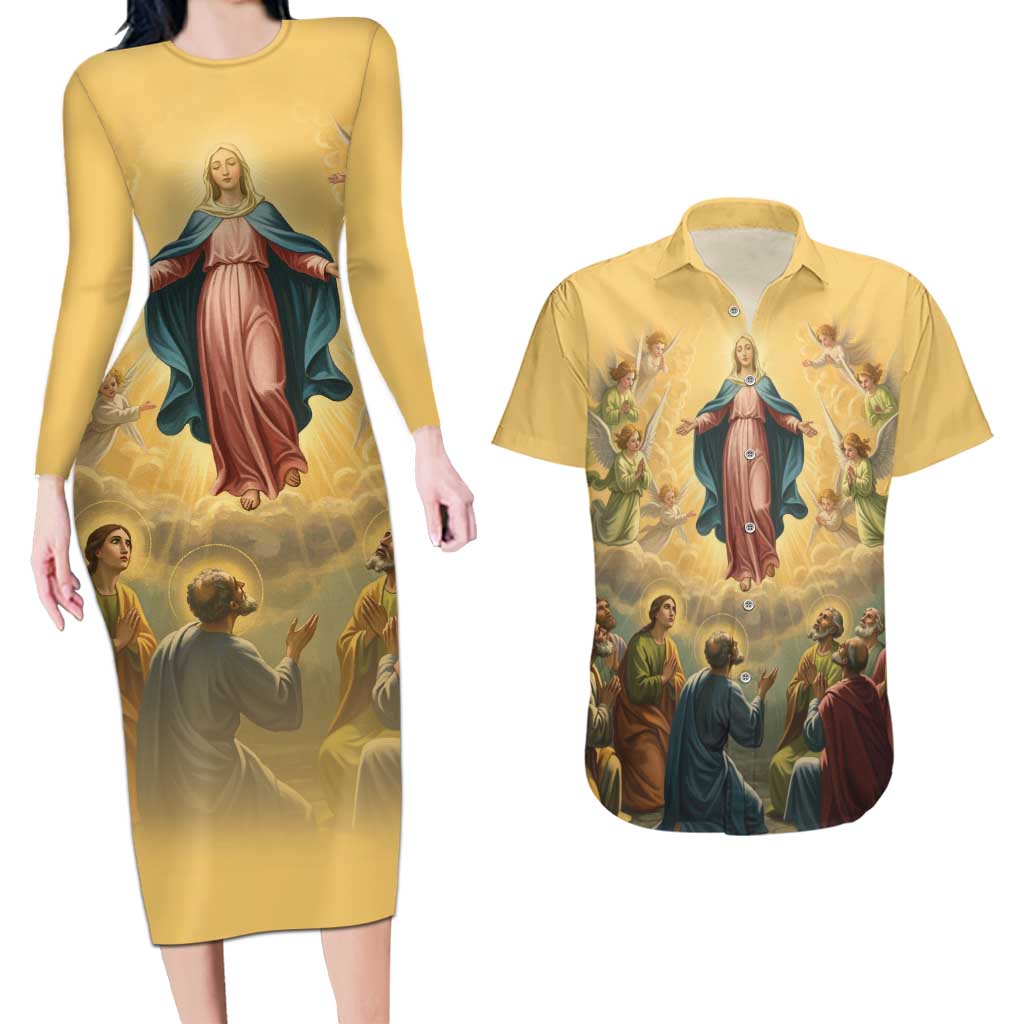 Assumption Virgin Mary to Heaven Couples Matching Long Sleeve Bodycon Dress and Hawaiian Shirt Falling Asleep of the Mother of God - Wonder Print Shop