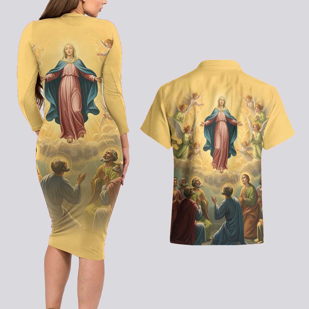 Assumption Virgin Mary to Heaven Couples Matching Long Sleeve Bodycon Dress and Hawaiian Shirt Falling Asleep of the Mother of God - Wonder Print Shop