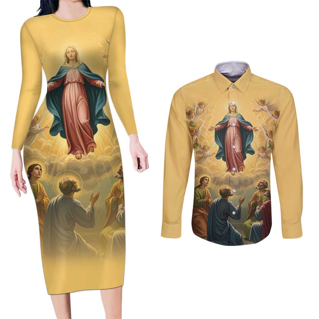 Assumption Virgin Mary to Heaven Couples Matching Long Sleeve Bodycon Dress and Long Sleeve Button Shirt Falling Asleep of the Mother of God - Wonder Print Shop