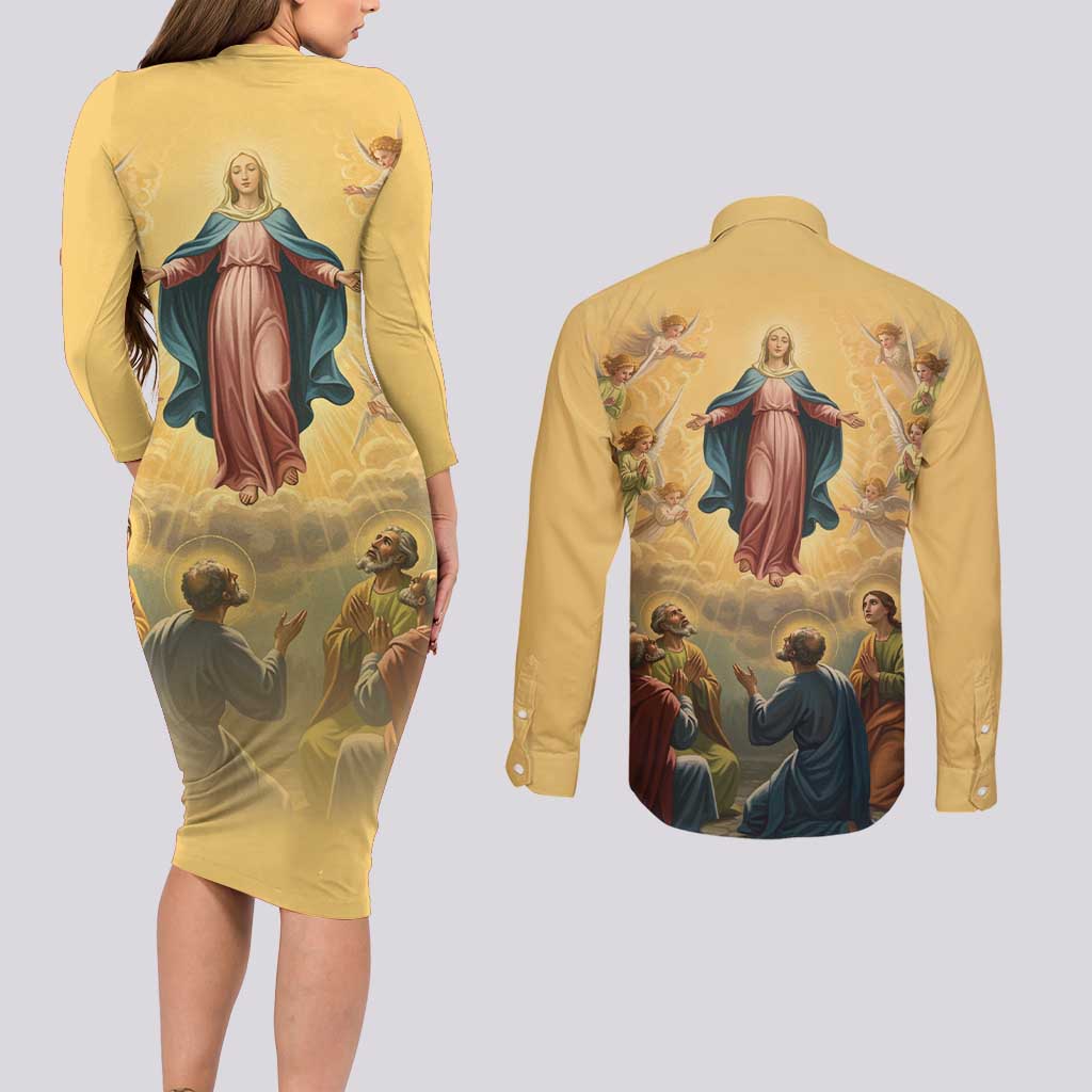 Assumption Virgin Mary to Heaven Couples Matching Long Sleeve Bodycon Dress and Long Sleeve Button Shirt Falling Asleep of the Mother of God - Wonder Print Shop