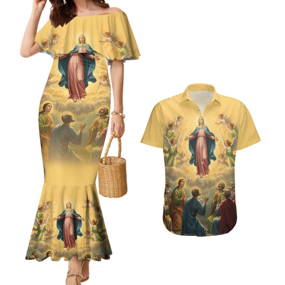 Assumption Virgin Mary to Heaven Couples Matching Mermaid Dress and Hawaiian Shirt Falling Asleep of the Mother of God - Wonder Print Shop