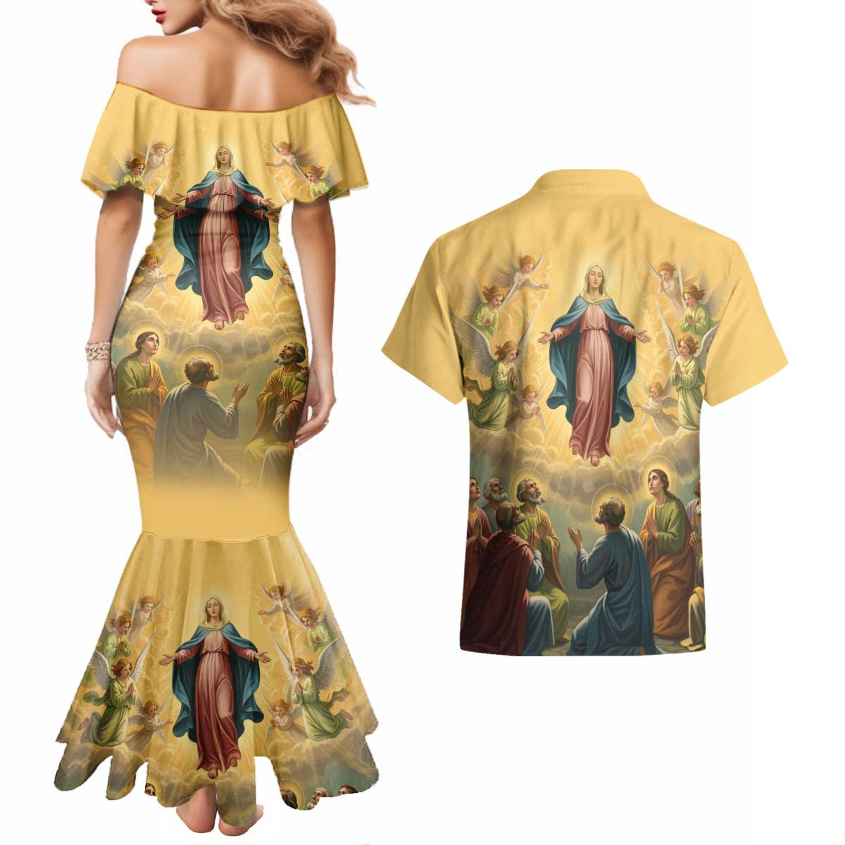 Assumption Virgin Mary to Heaven Couples Matching Mermaid Dress and Hawaiian Shirt Falling Asleep of the Mother of God - Wonder Print Shop