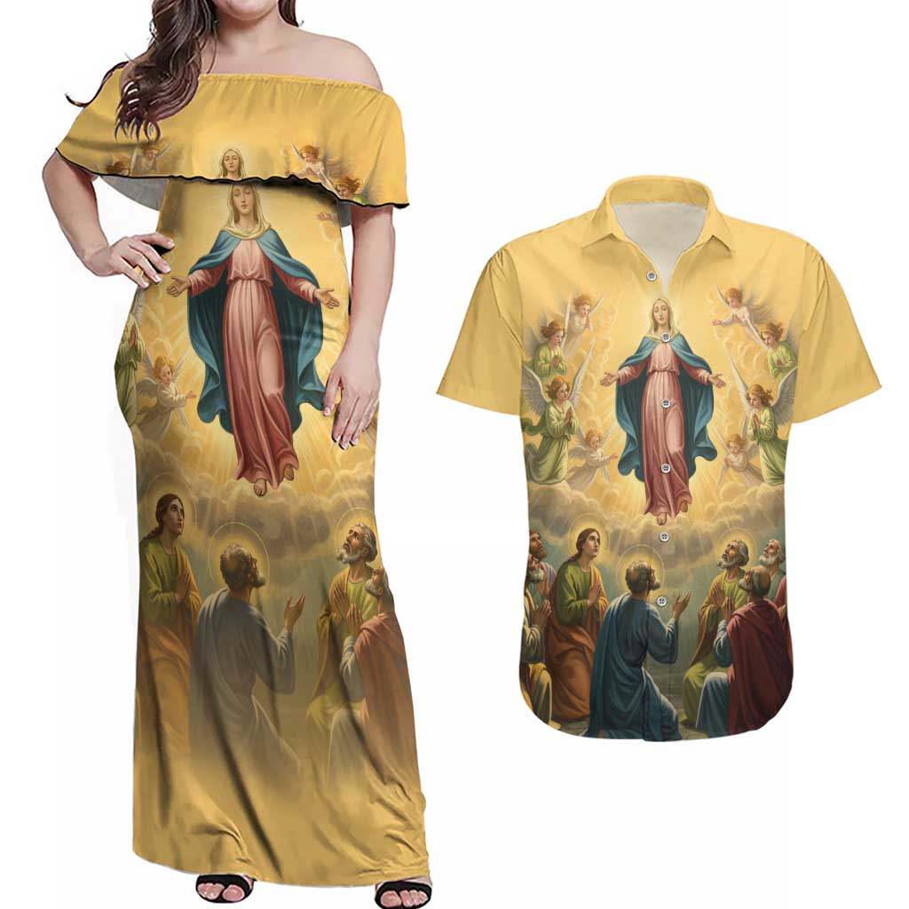 Assumption Virgin Mary to Heaven Couples Matching Off Shoulder Maxi Dress and Hawaiian Shirt Falling Asleep of the Mother of God - Wonder Print Shop