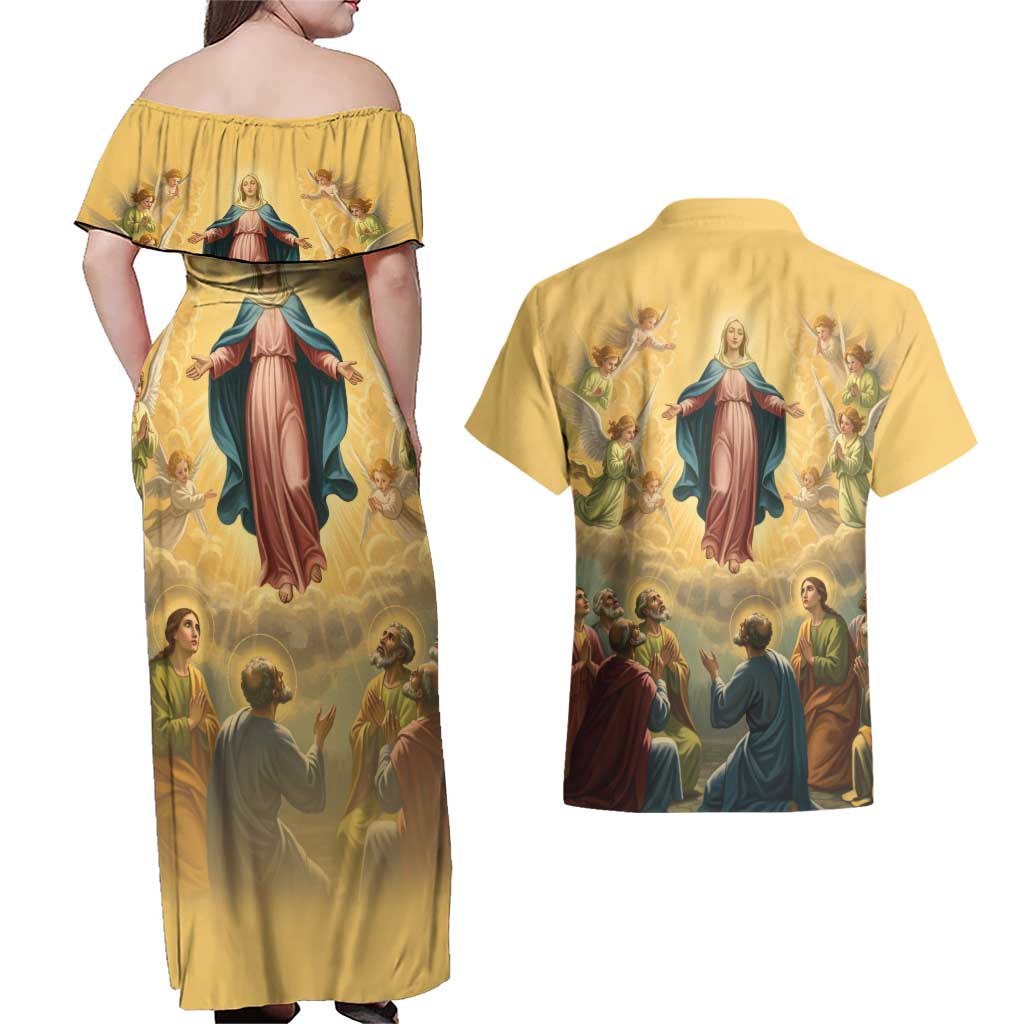 Assumption Virgin Mary to Heaven Couples Matching Off Shoulder Maxi Dress and Hawaiian Shirt Falling Asleep of the Mother of God - Wonder Print Shop