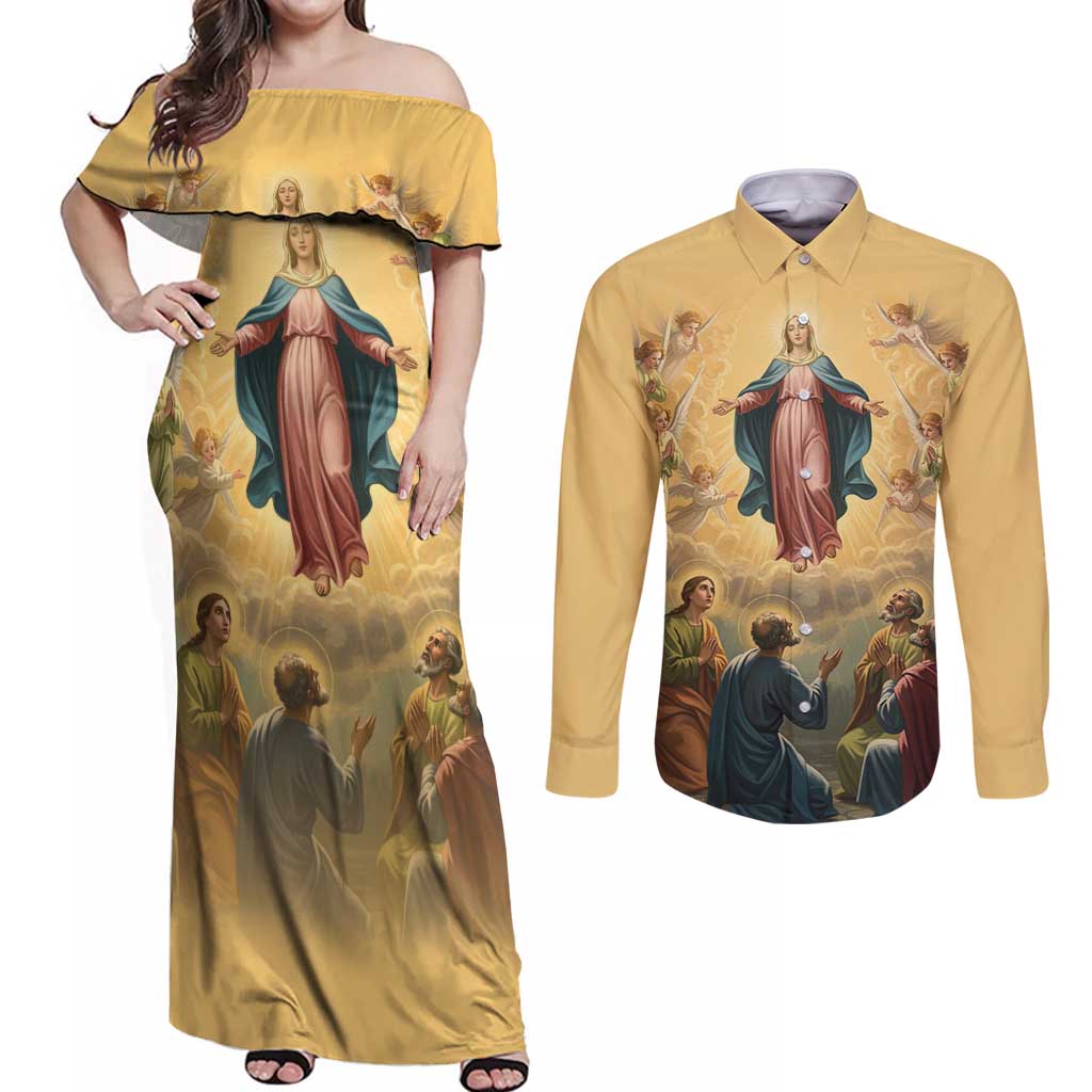 Assumption Virgin Mary to Heaven Couples Matching Off Shoulder Maxi Dress and Long Sleeve Button Shirt Falling Asleep of the Mother of God - Wonder Print Shop