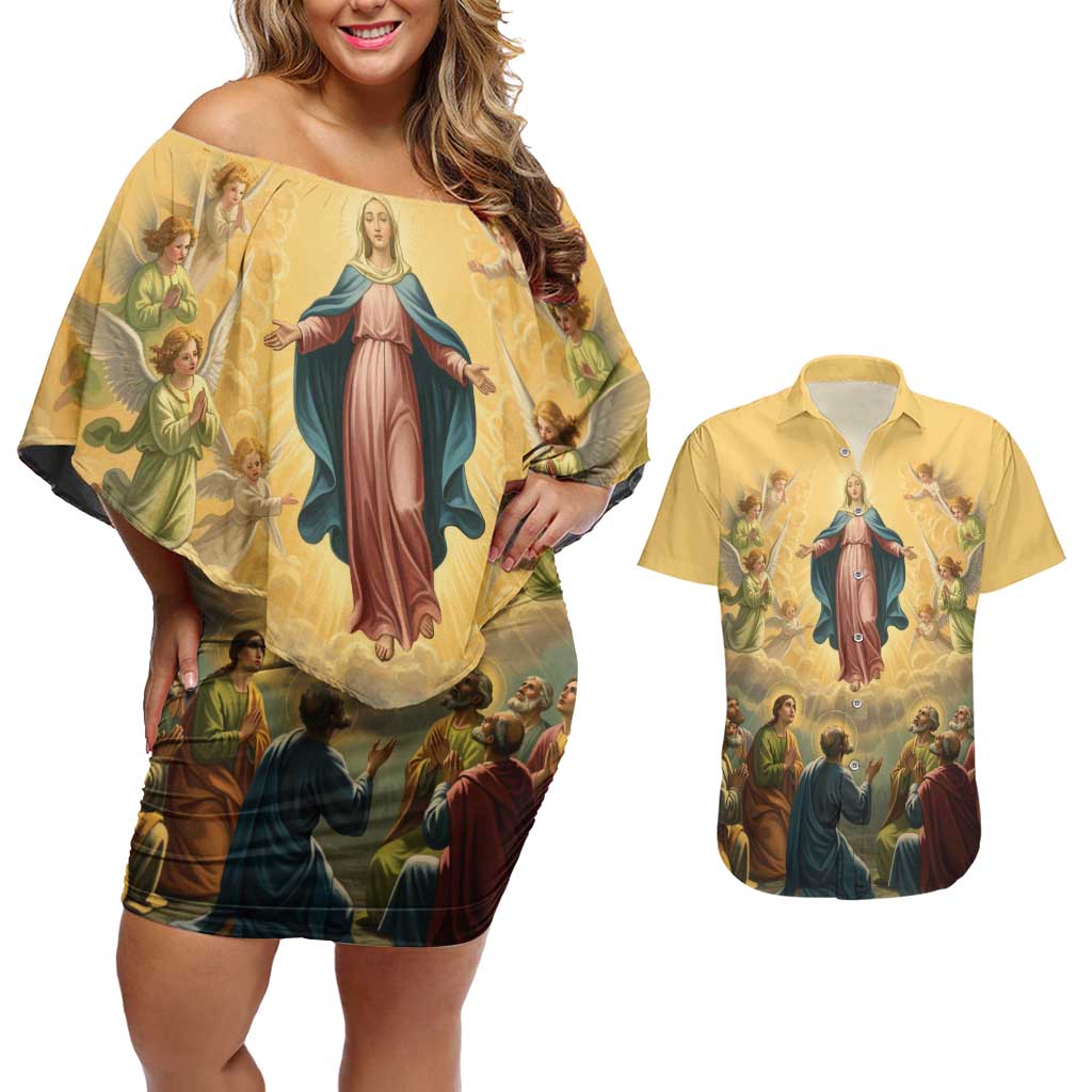 Assumption Virgin Mary to Heaven Couples Matching Off Shoulder Short Dress and Hawaiian Shirt Falling Asleep of the Mother of God - Wonder Print Shop