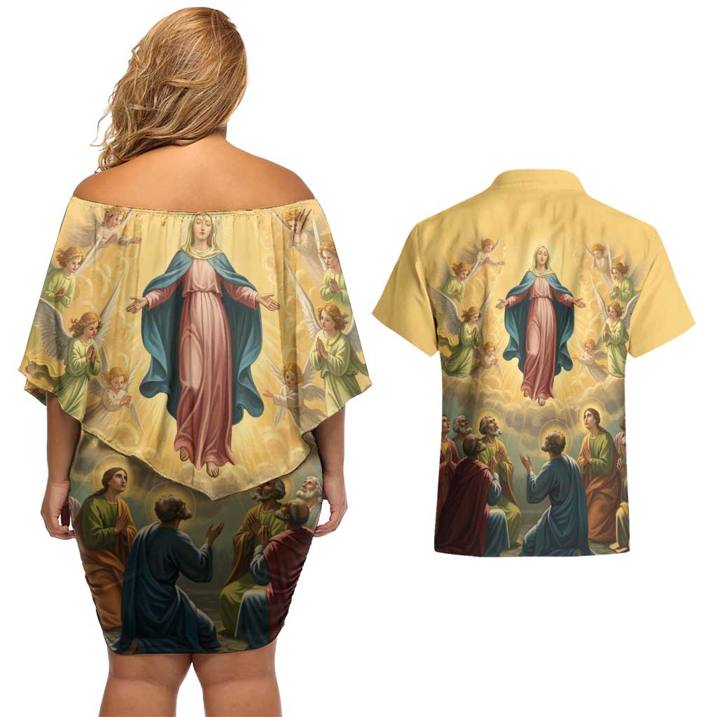 Assumption Virgin Mary to Heaven Couples Matching Off Shoulder Short Dress and Hawaiian Shirt Falling Asleep of the Mother of God - Wonder Print Shop