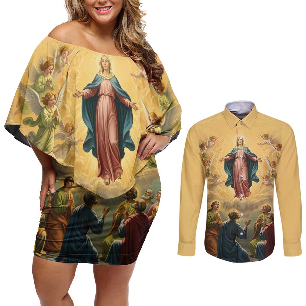 Assumption Virgin Mary to Heaven Couples Matching Off Shoulder Short Dress and Long Sleeve Button Shirt Falling Asleep of the Mother of God - Wonder Print Shop