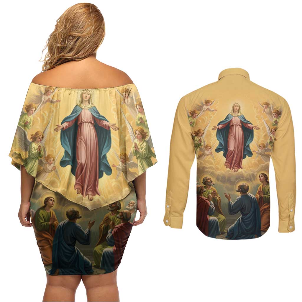 Assumption Virgin Mary to Heaven Couples Matching Off Shoulder Short Dress and Long Sleeve Button Shirt Falling Asleep of the Mother of God - Wonder Print Shop
