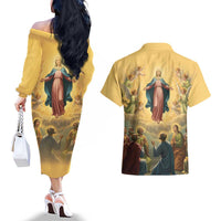 Assumption Virgin Mary to Heaven Couples Matching Off The Shoulder Long Sleeve Dress and Hawaiian Shirt Falling Asleep of the Mother of God - Wonder Print Shop