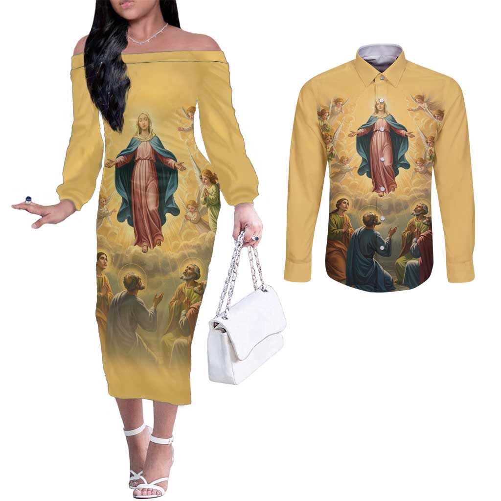 Assumption Virgin Mary to Heaven Couples Matching Off The Shoulder Long Sleeve Dress and Long Sleeve Button Shirt Falling Asleep of the Mother of God - Wonder Print Shop