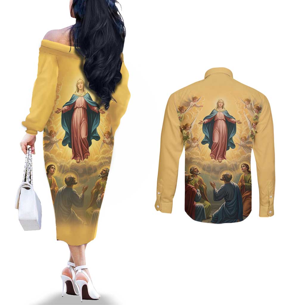 Assumption Virgin Mary to Heaven Couples Matching Off The Shoulder Long Sleeve Dress and Long Sleeve Button Shirt Falling Asleep of the Mother of God - Wonder Print Shop