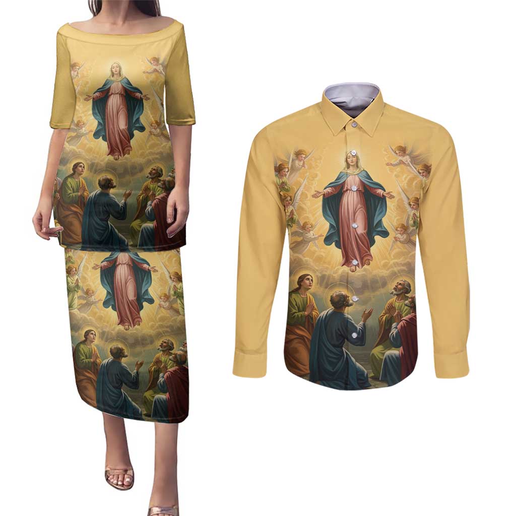 Assumption Virgin Mary to Heaven Couples Matching Puletasi and Long Sleeve Button Shirt Falling Asleep of the Mother of God - Wonder Print Shop