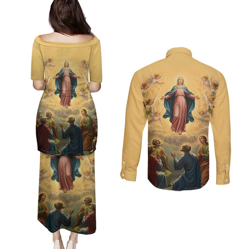 Assumption Virgin Mary to Heaven Couples Matching Puletasi and Long Sleeve Button Shirt Falling Asleep of the Mother of God - Wonder Print Shop