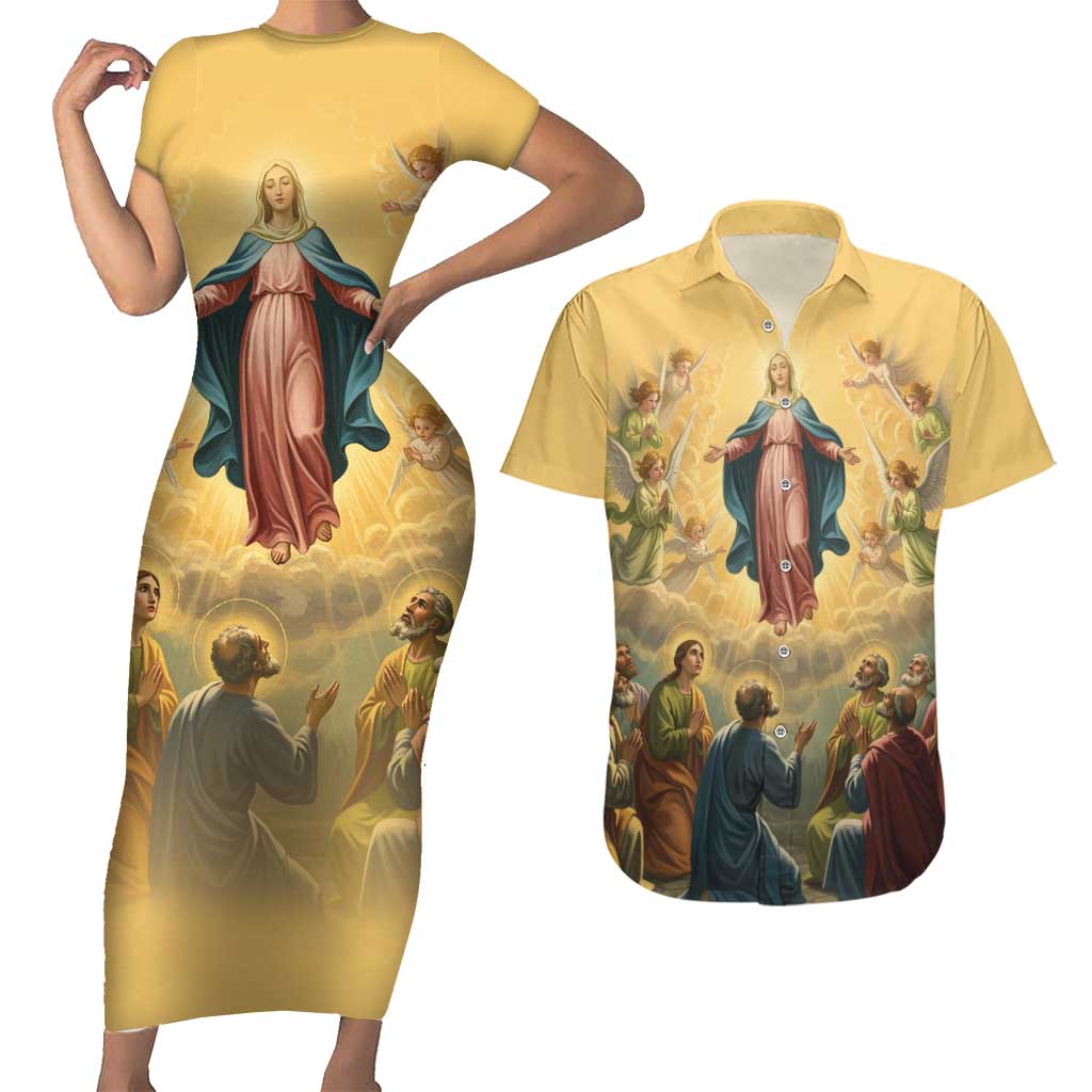 Assumption Virgin Mary to Heaven Couples Matching Short Sleeve Bodycon Dress and Hawaiian Shirt Falling Asleep of the Mother of God - Wonder Print Shop