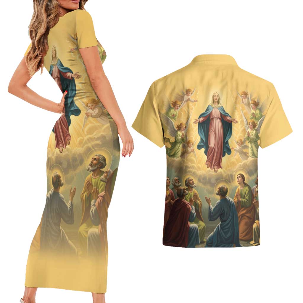 Assumption Virgin Mary to Heaven Couples Matching Short Sleeve Bodycon Dress and Hawaiian Shirt Falling Asleep of the Mother of God - Wonder Print Shop