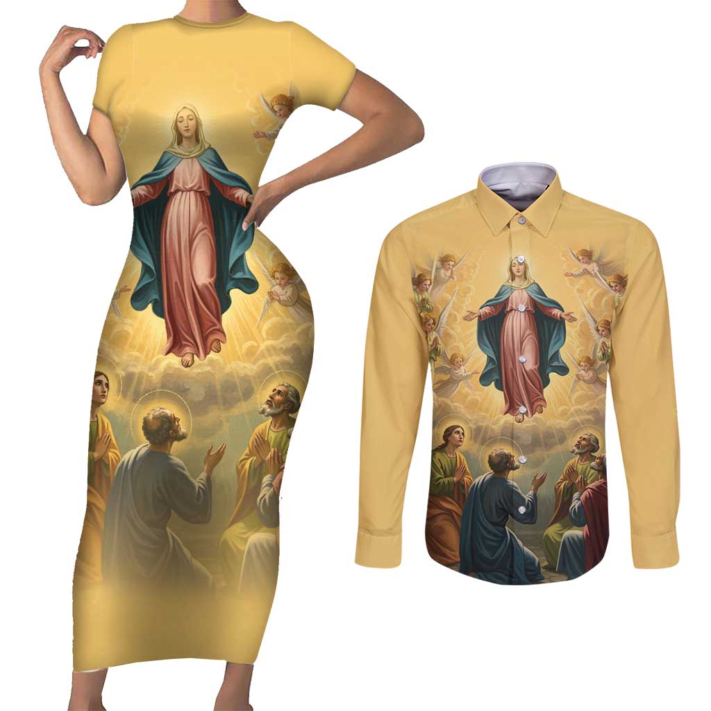 Assumption Virgin Mary to Heaven Couples Matching Short Sleeve Bodycon Dress and Long Sleeve Button Shirt Falling Asleep of the Mother of God - Wonder Print Shop