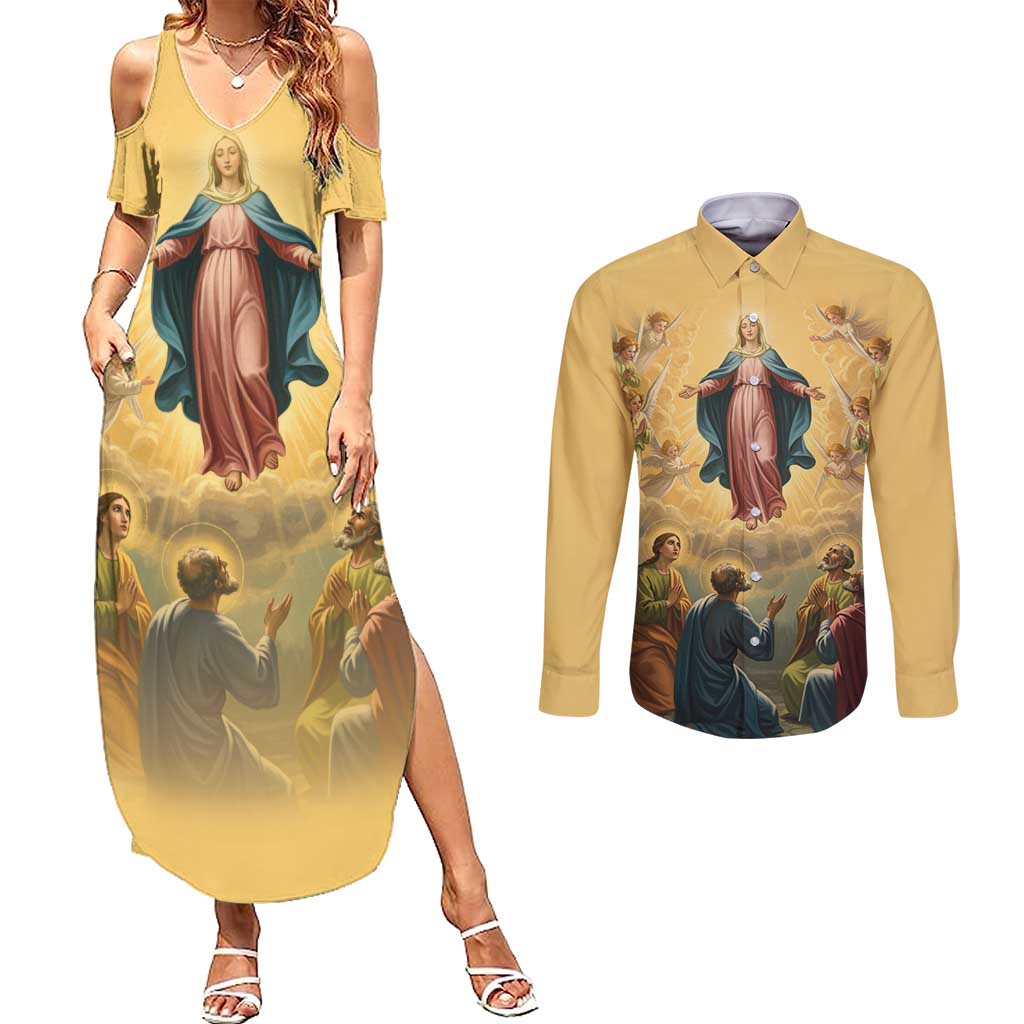 Assumption Virgin Mary to Heaven Couples Matching Summer Maxi Dress and Long Sleeve Button Shirt Falling Asleep of the Mother of God - Wonder Print Shop