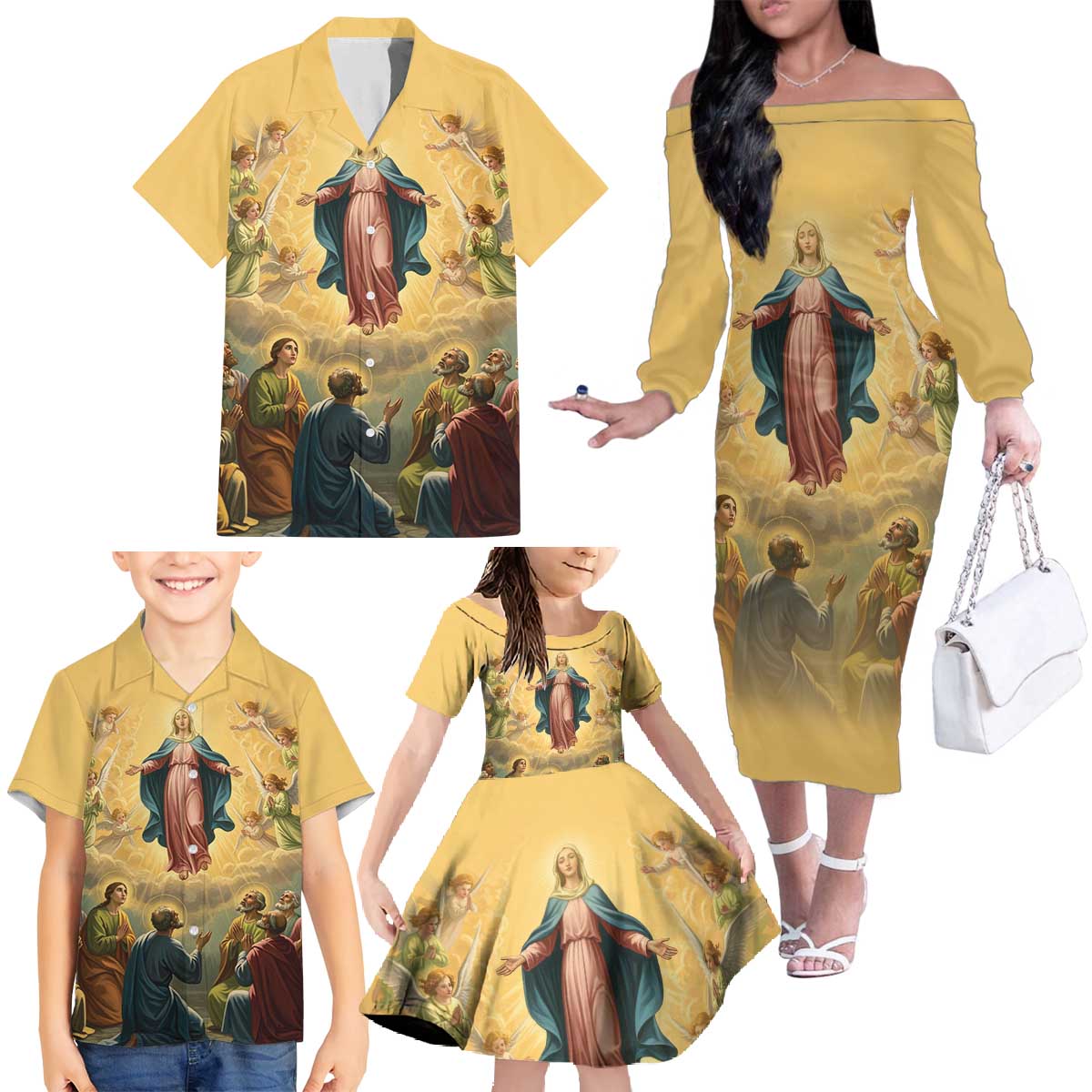 Assumption Virgin Mary to Heaven Family Matching Off The Shoulder Long Sleeve Dress and Hawaiian Shirt Falling Asleep of the Mother of God - Wonder Print Shop