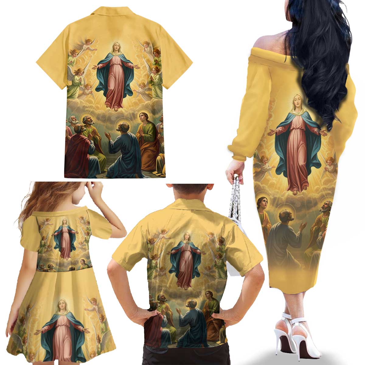 Assumption Virgin Mary to Heaven Family Matching Off The Shoulder Long Sleeve Dress and Hawaiian Shirt Falling Asleep of the Mother of God - Wonder Print Shop