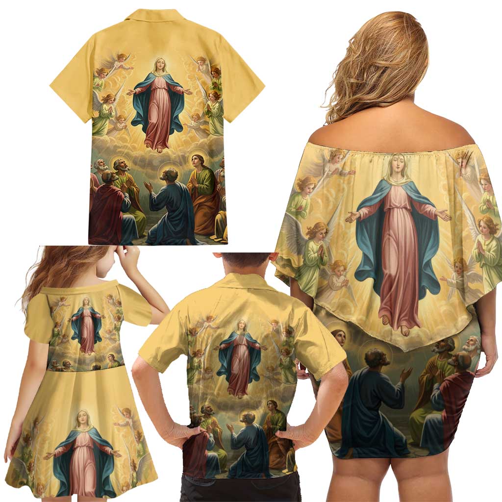 Assumption Virgin Mary to Heaven Family Matching Off Shoulder Short Dress and Hawaiian Shirt Falling Asleep of the Mother of God - Wonder Print Shop