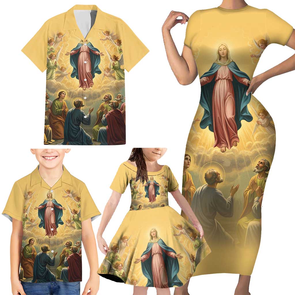 Assumption Virgin Mary to Heaven Family Matching Short Sleeve Bodycon Dress and Hawaiian Shirt Falling Asleep of the Mother of God - Wonder Print Shop