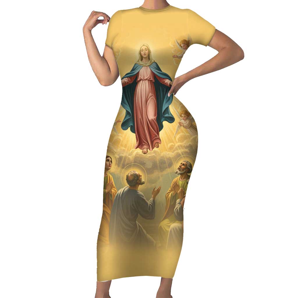 Assumption Virgin Mary to Heaven Family Matching Short Sleeve Bodycon Dress and Hawaiian Shirt Falling Asleep of the Mother of God - Wonder Print Shop
