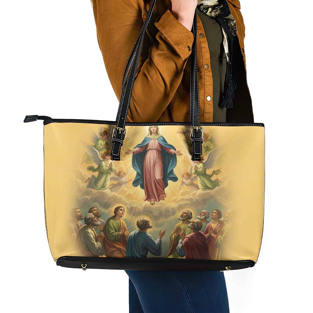 Assumption Virgin Mary to Heaven Leather Tote Bag Falling Asleep of the Mother of God - Wonder Print Shop