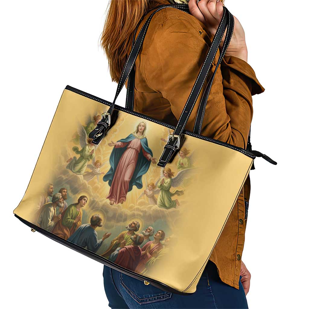 Assumption Virgin Mary to Heaven Leather Tote Bag Falling Asleep of the Mother of God - Wonder Print Shop