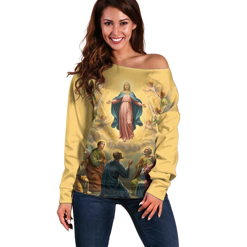 Assumption Virgin Mary to Heaven Off Shoulder Sweater Falling Asleep of the Mother of God - Wonder Print Shop