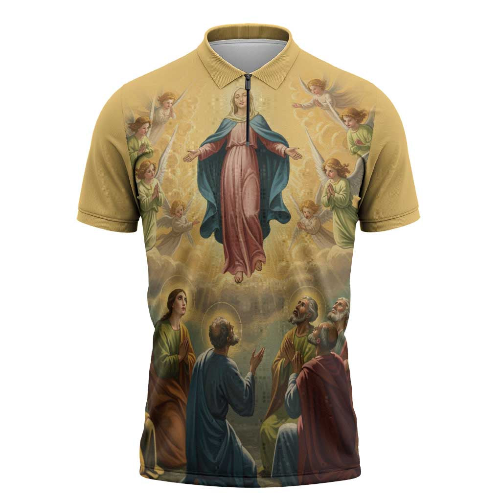Assumption Virgin Mary to Heaven Zipper Polo Shirt Falling Asleep of the Mother of God - Wonder Print Shop