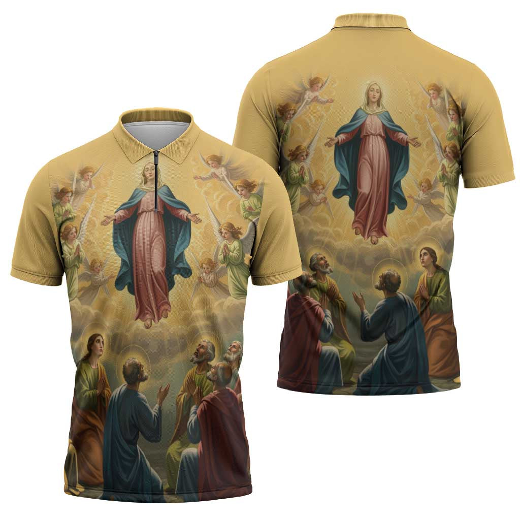 Assumption Virgin Mary to Heaven Zipper Polo Shirt Falling Asleep of the Mother of God - Wonder Print Shop