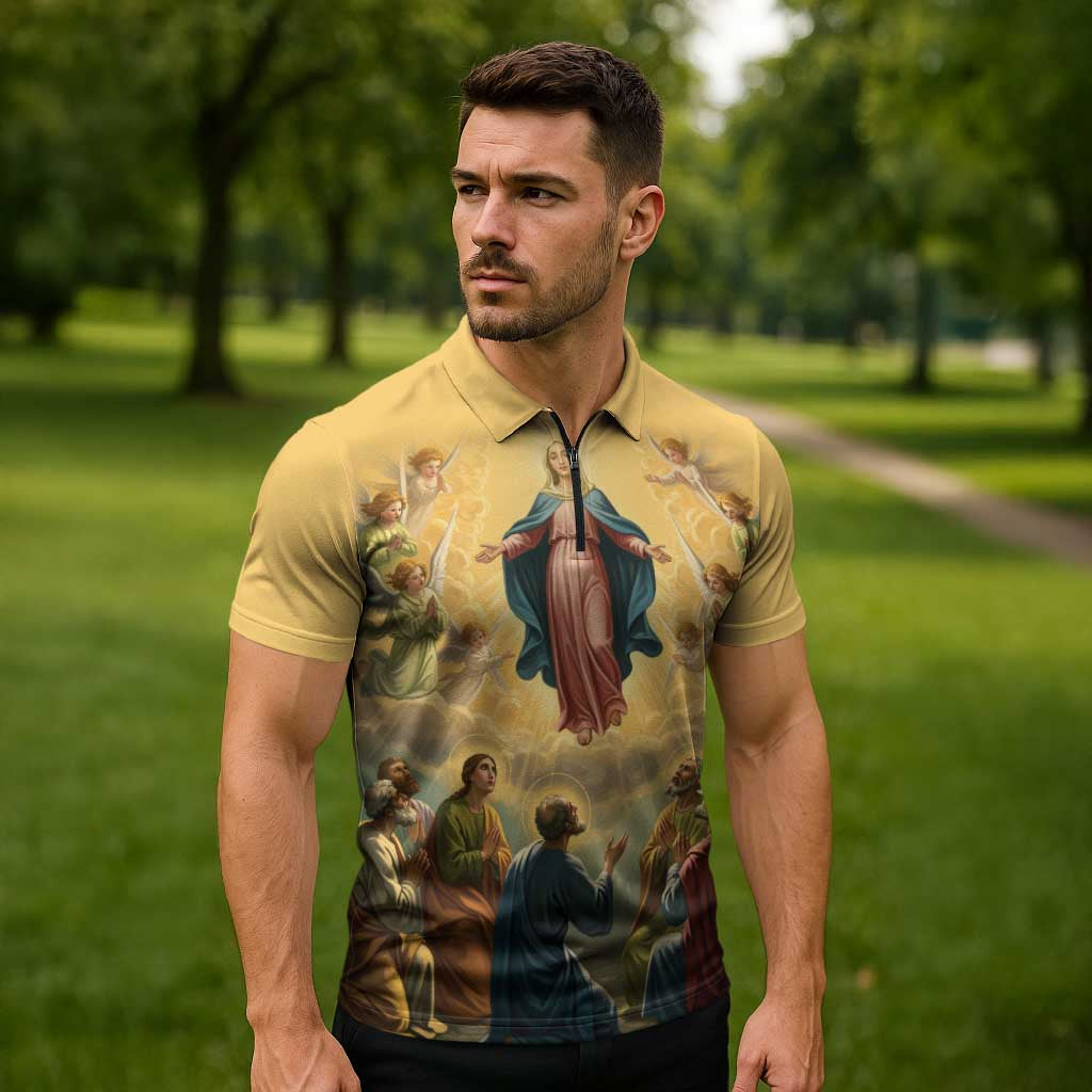 Assumption Virgin Mary to Heaven Zipper Polo Shirt Falling Asleep of the Mother of God - Wonder Print Shop