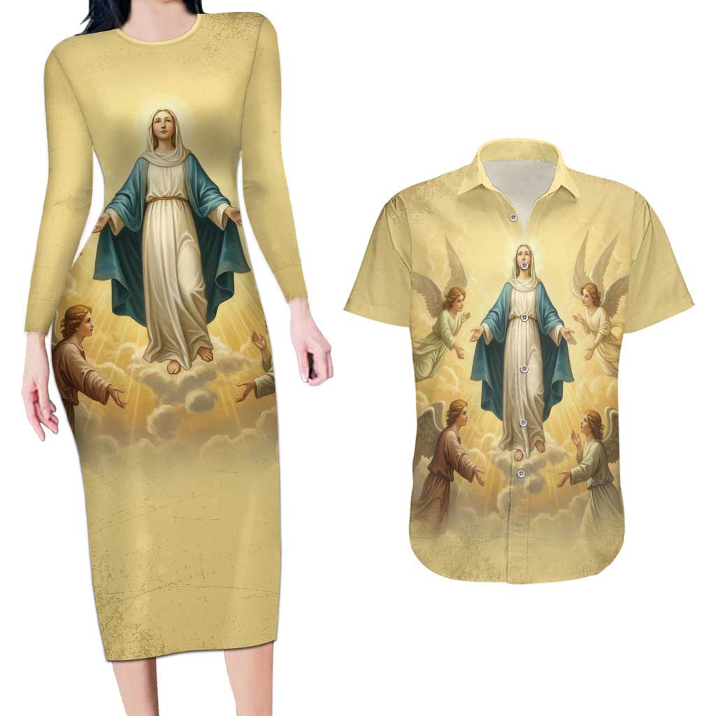Blessed Virgin Mary Couples Matching Long Sleeve Bodycon Dress and Hawaiian Shirt Falling Asleep of the Mother of God - Wonder Print Shop