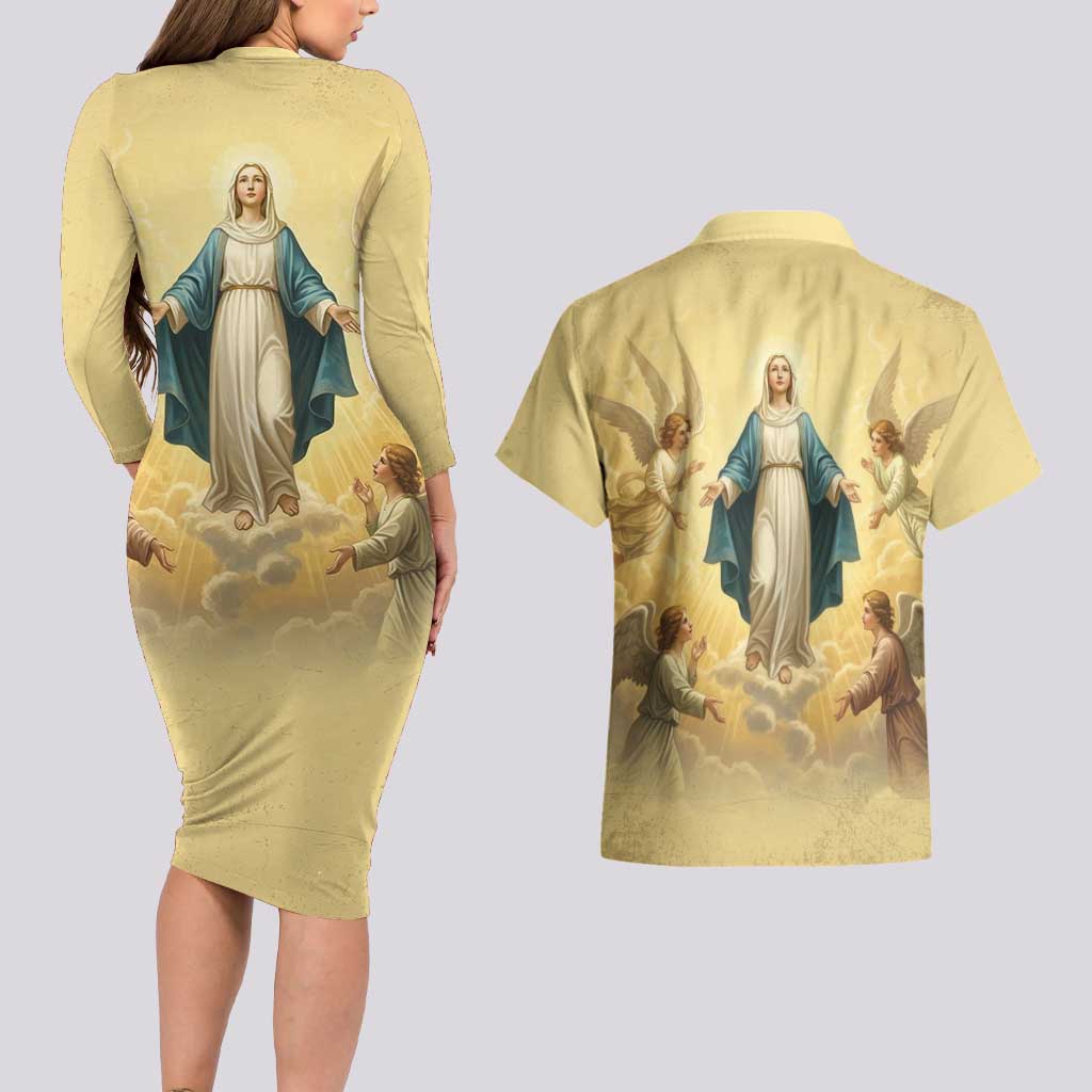Blessed Virgin Mary Couples Matching Long Sleeve Bodycon Dress and Hawaiian Shirt Falling Asleep of the Mother of God - Wonder Print Shop
