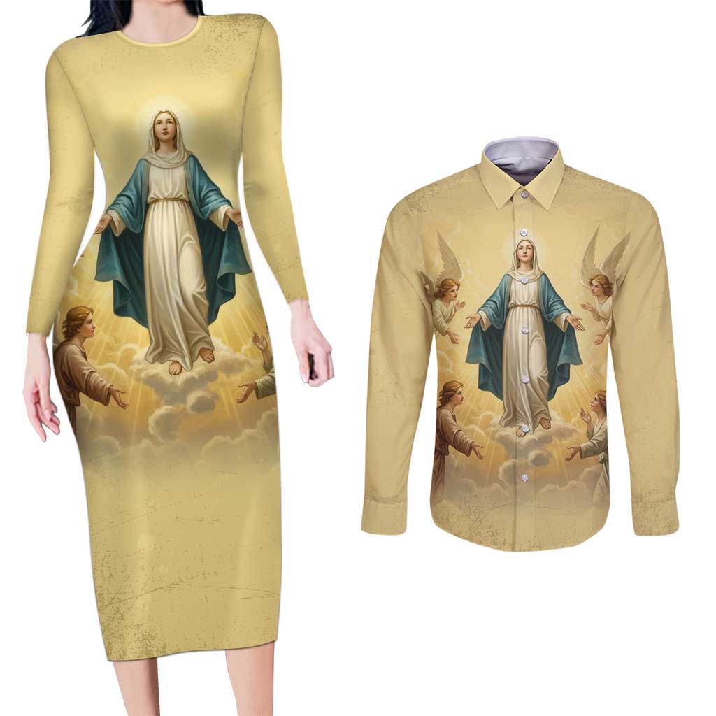 Blessed Virgin Mary Couples Matching Long Sleeve Bodycon Dress and Long Sleeve Button Shirt Falling Asleep of the Mother of God - Wonder Print Shop