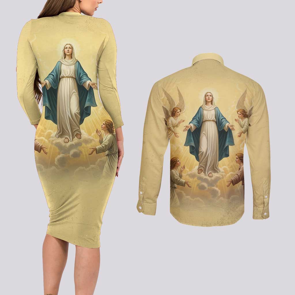 Blessed Virgin Mary Couples Matching Long Sleeve Bodycon Dress and Long Sleeve Button Shirt Falling Asleep of the Mother of God - Wonder Print Shop
