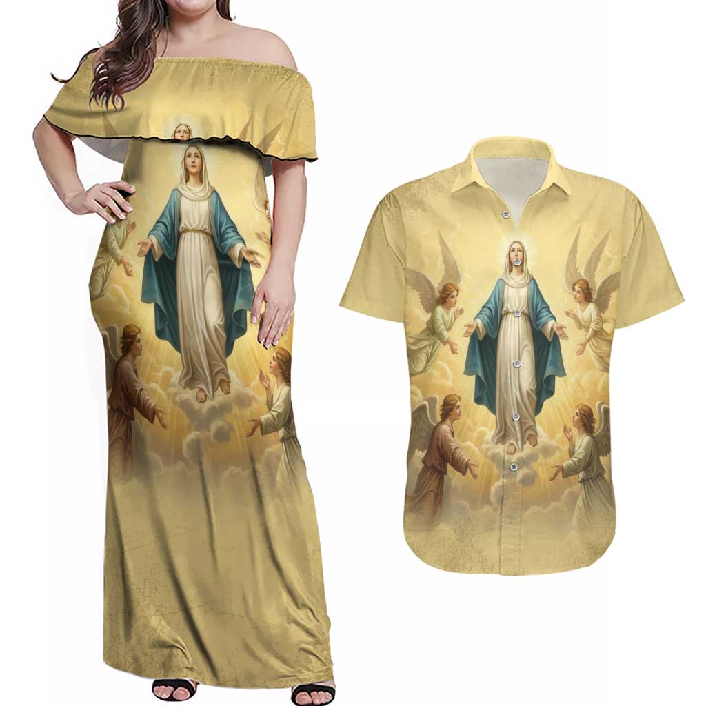 Blessed Virgin Mary Couples Matching Off Shoulder Maxi Dress and Hawaiian Shirt Falling Asleep of the Mother of God - Wonder Print Shop