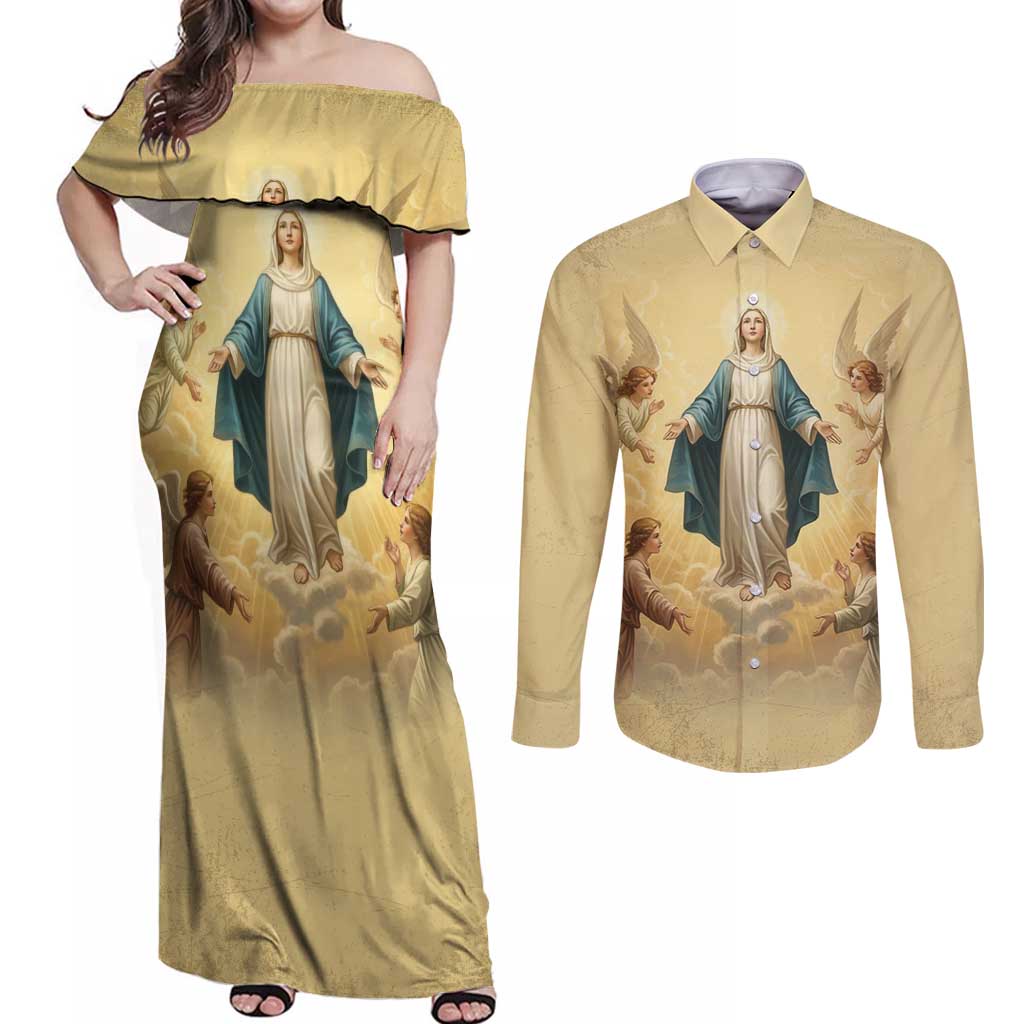 Blessed Virgin Mary Couples Matching Off Shoulder Maxi Dress and Long Sleeve Button Shirt Falling Asleep of the Mother of God - Wonder Print Shop