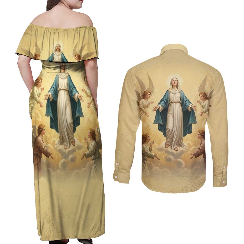 Blessed Virgin Mary Couples Matching Off Shoulder Maxi Dress and Long Sleeve Button Shirt Falling Asleep of the Mother of God - Wonder Print Shop