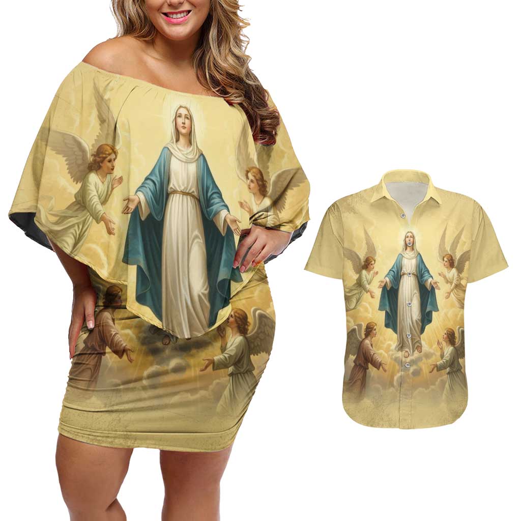 Blessed Virgin Mary Couples Matching Off Shoulder Short Dress and Hawaiian Shirt Falling Asleep of the Mother of God - Wonder Print Shop